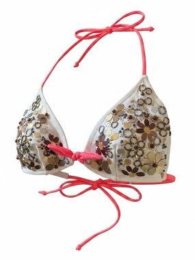 VICTORIAS SECRET STRING BIKINI TOP GOLD FLORAL EMBELLISHED HALTER SWIMWEAR SZ L
